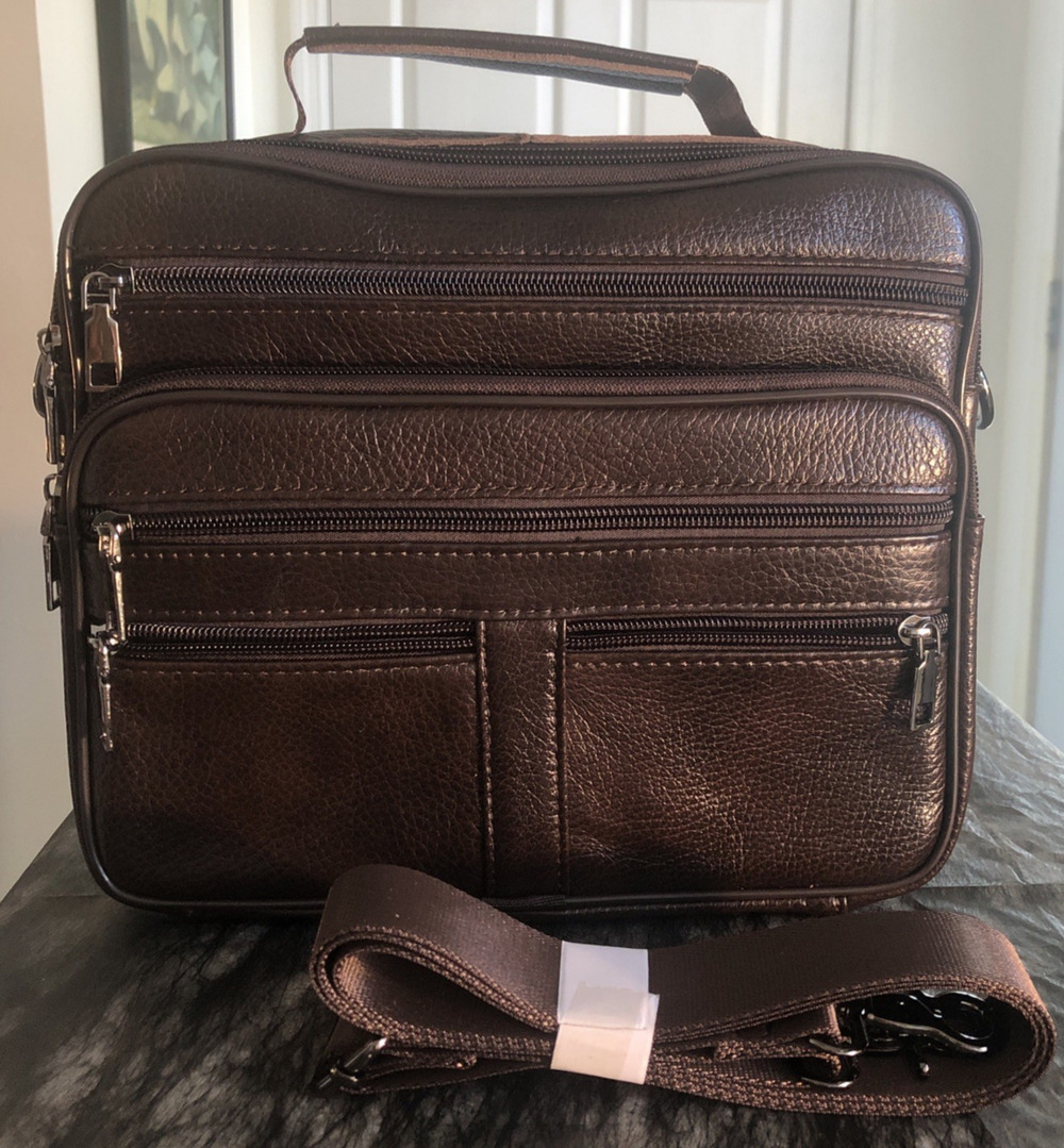 new Men's Leather Messenger crossbody bag briefcase bag multi pocket zippered